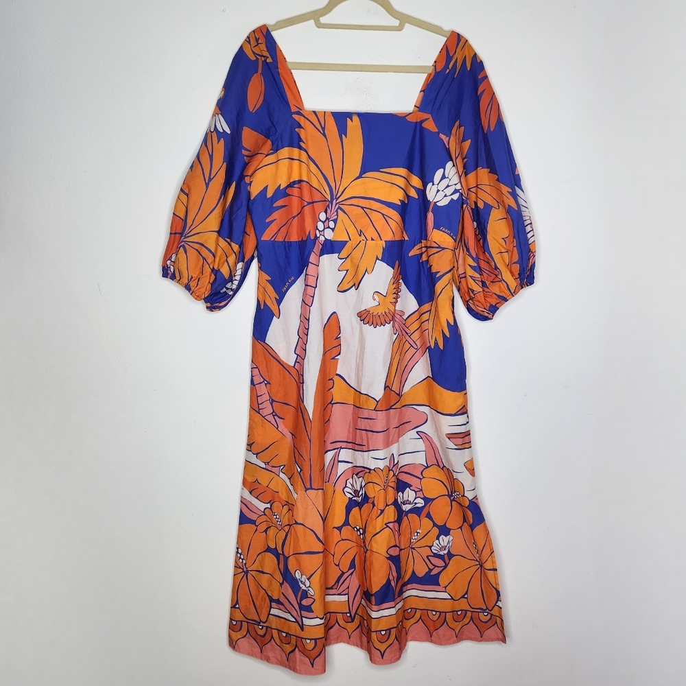 Anthropologie Farm Rio Womens Large Puff Sleeve Tropical Bird Print Midi Dress
